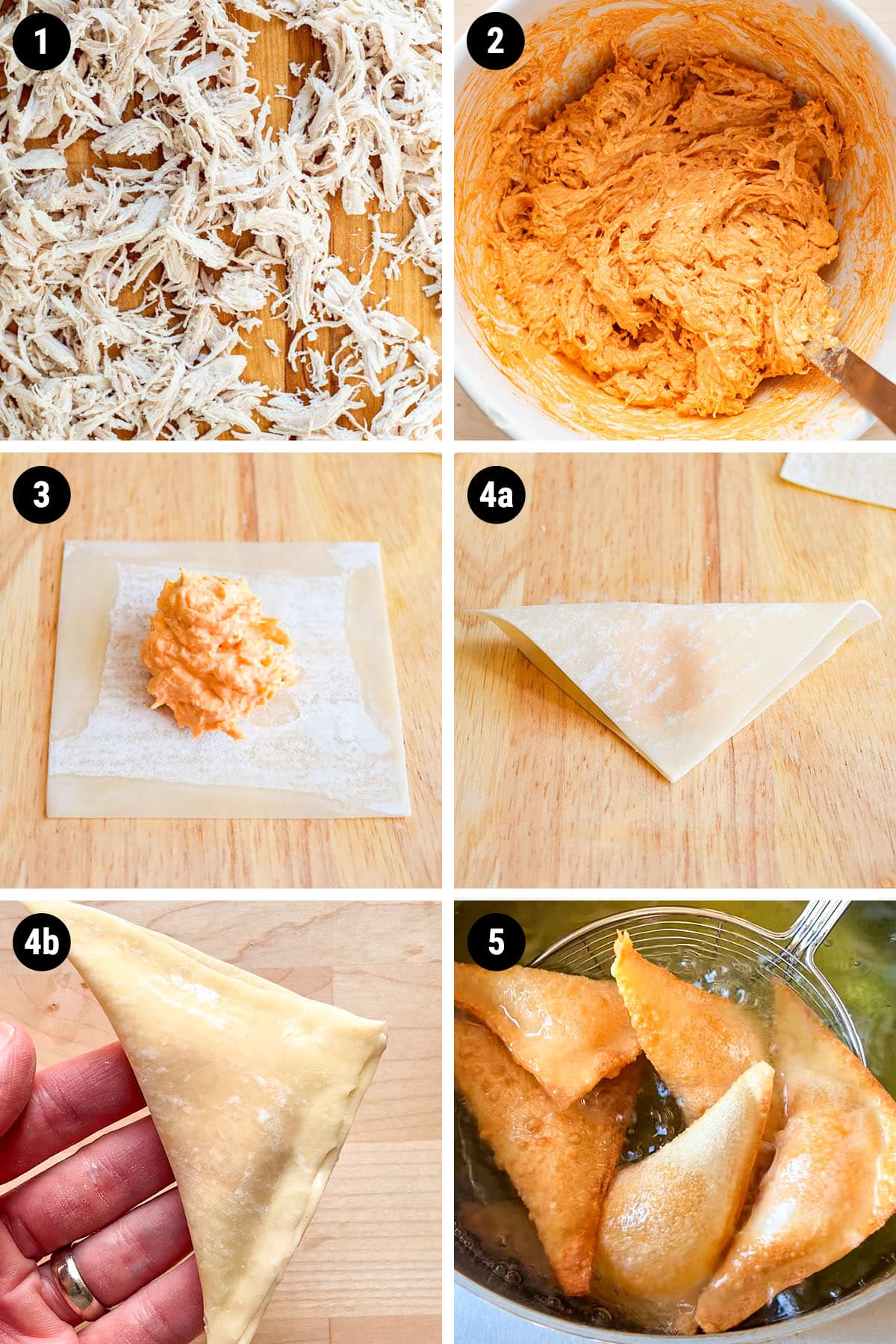 A step by step instructional collage for making buffalo chicken rangoons.