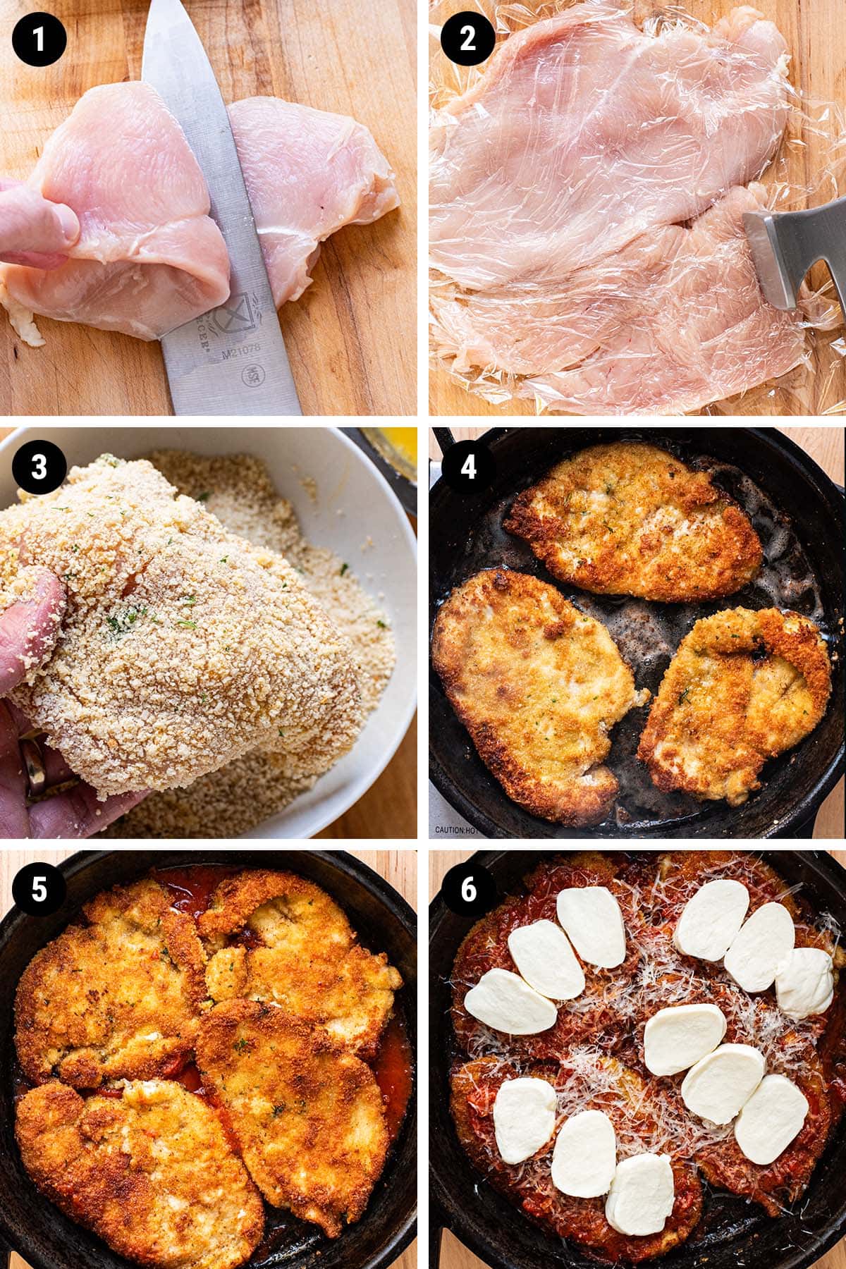 Pictured step by step process pictures of making chicken parmesan in a cast iron skillet.