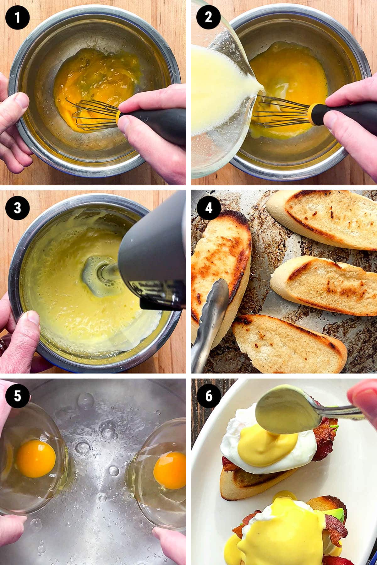 A step by step photo collage demonstrating how to make eggs benedict in 6 photos.