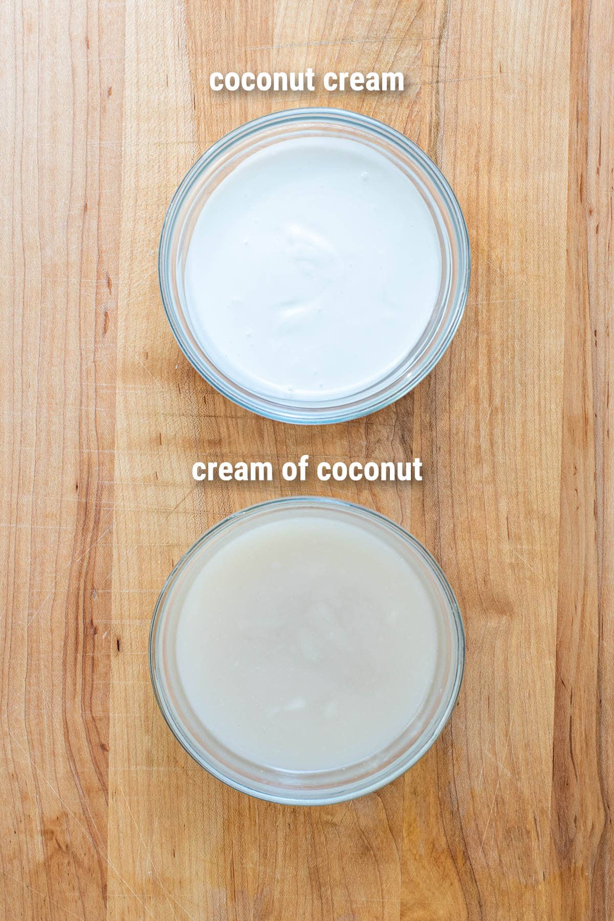 A side by side comparison of the appearance of coconut cream and cream of coconut.