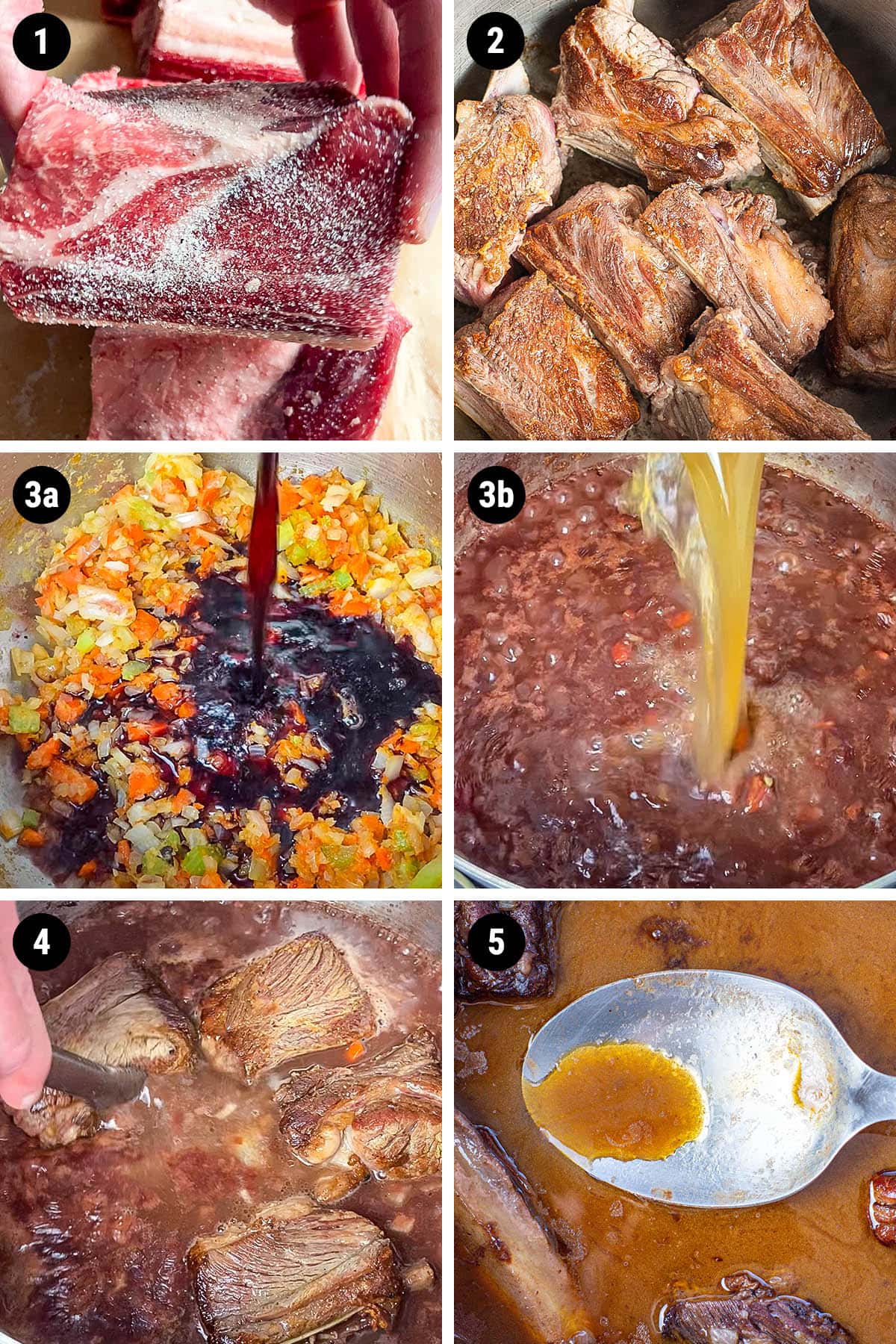 Step by step collage of how to make red wine braised short ribs served over mashed potatoes.