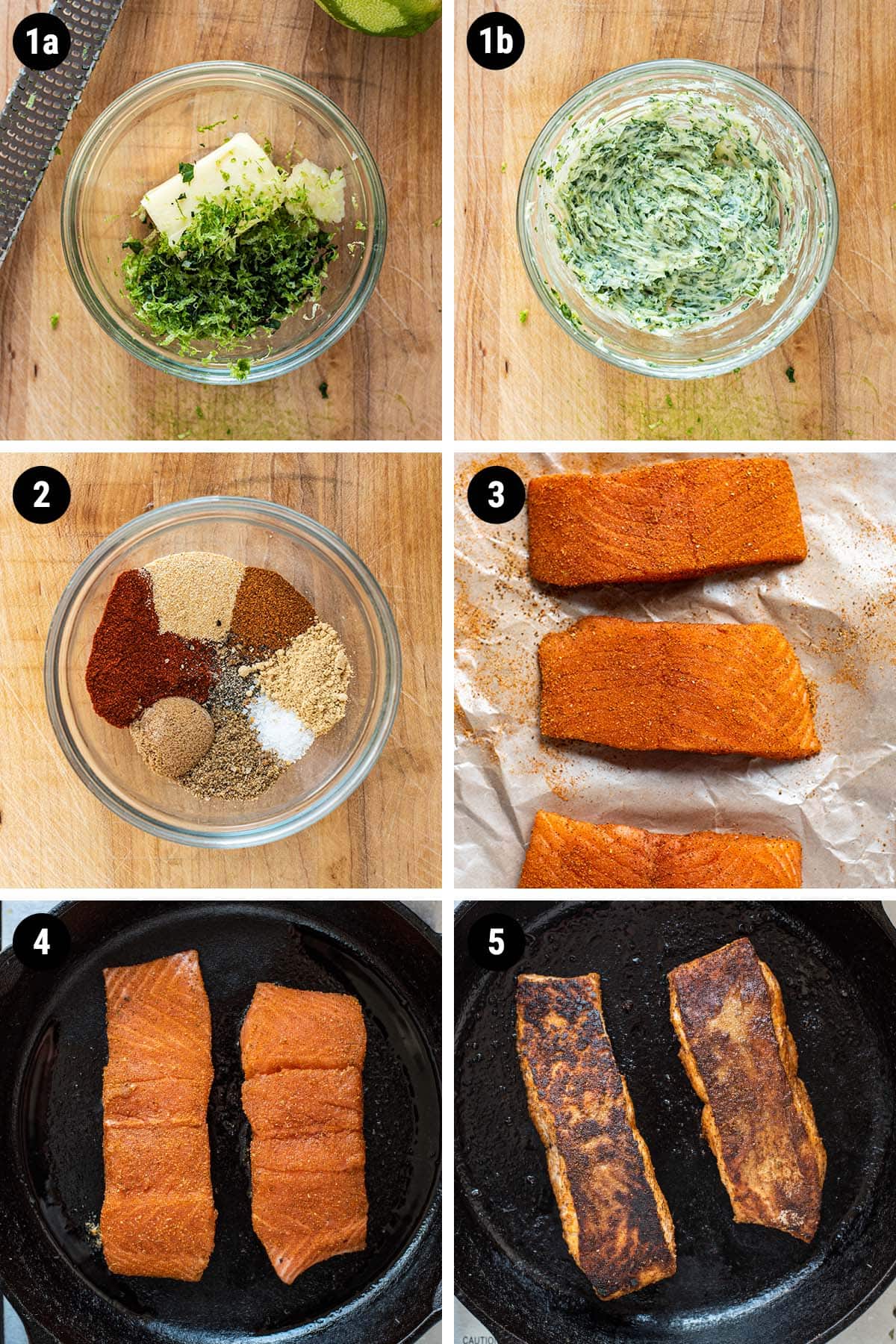 A photo collage showing the step by step process of cooking blackened salmon.