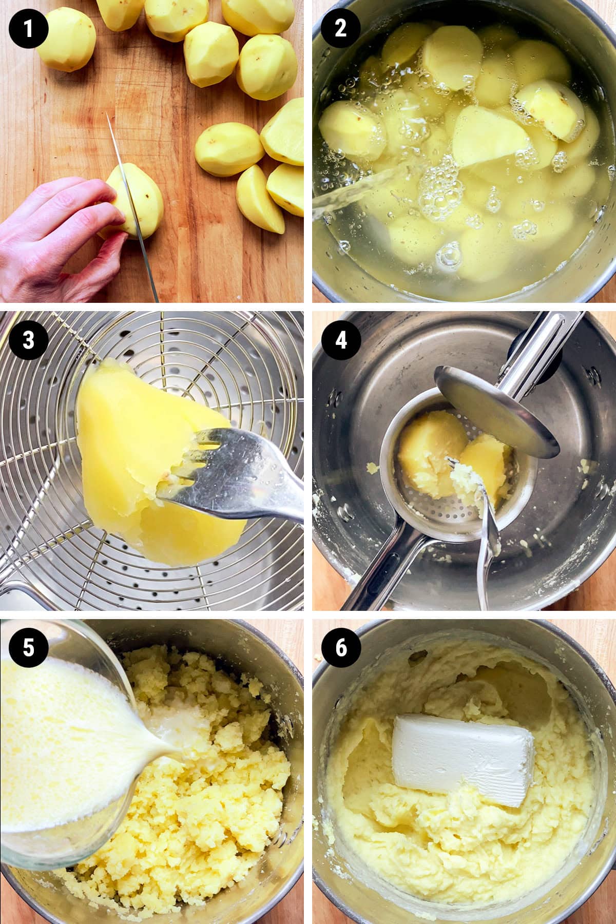 Step by step photo collage process of making cream cheese mashed potatoes.