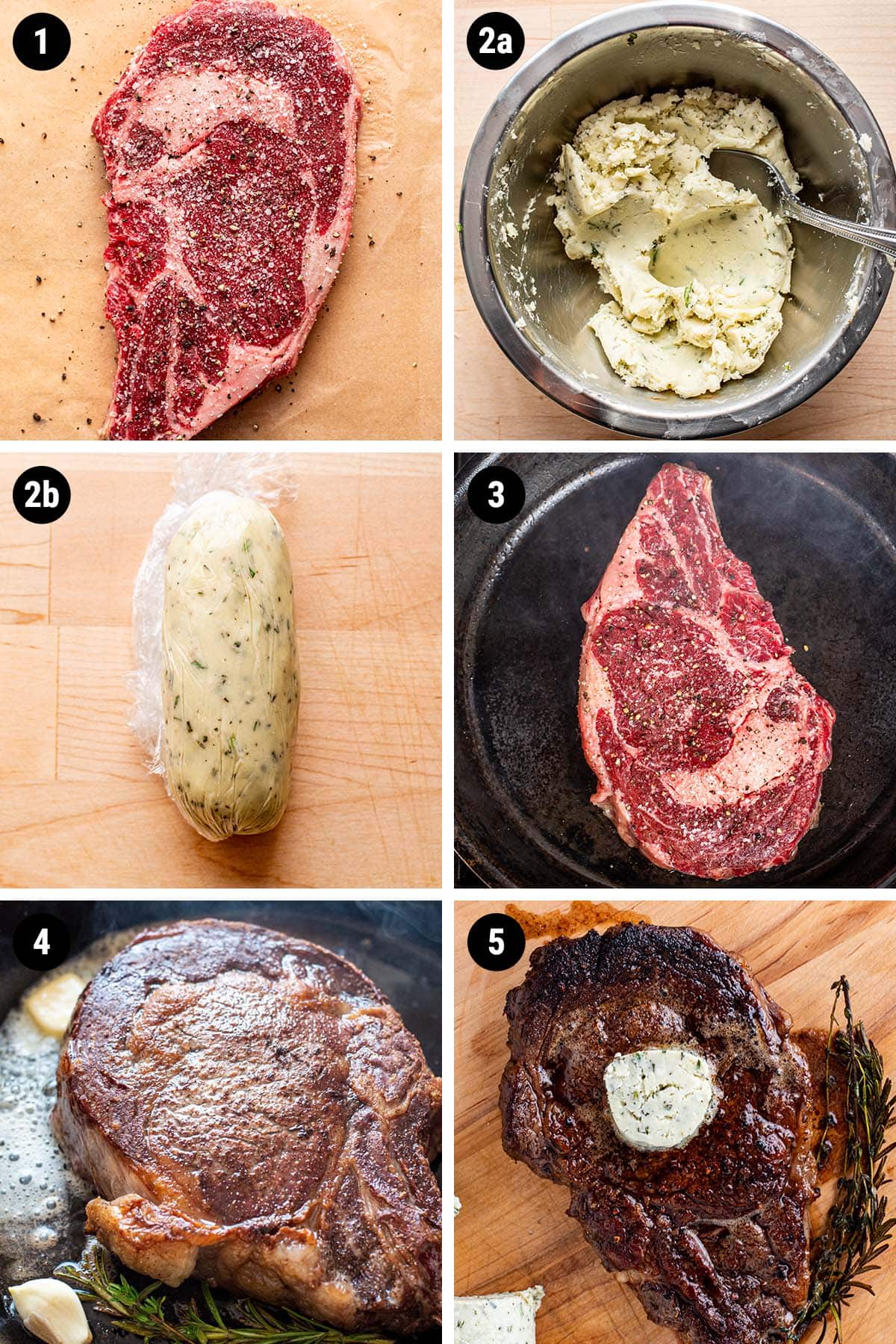 Step by step collage showing how to pan sear steak and make a blue cheese compound butter.