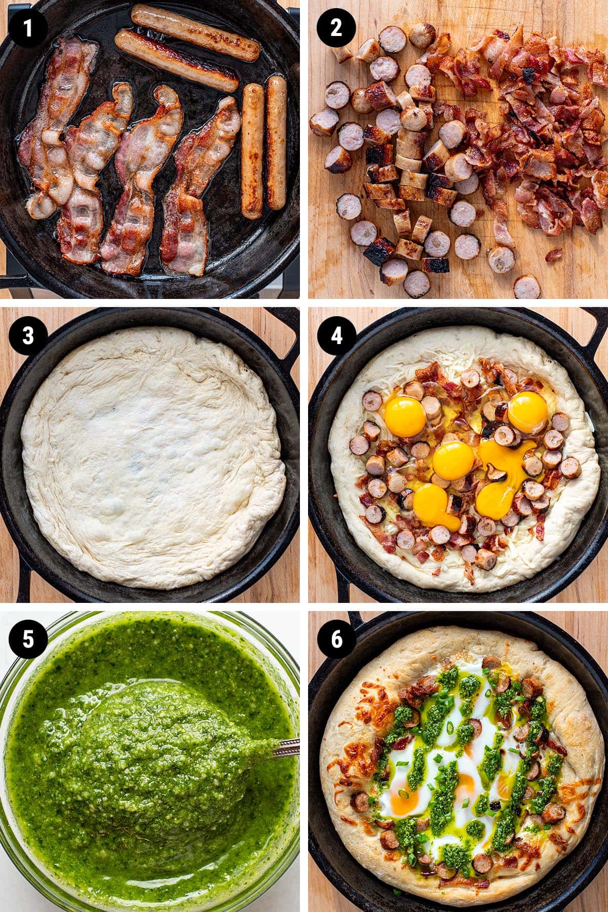 A photo collage of step by step instructions of how to make skillet breakfast pizza.