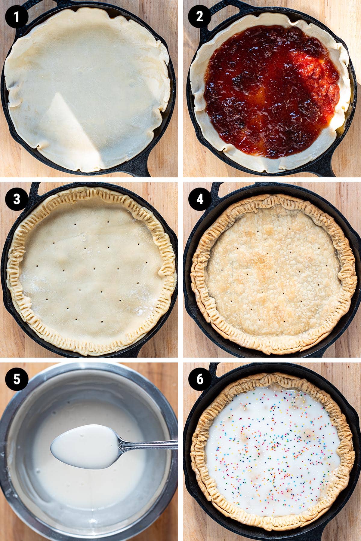 Step by step photo collage of making a giant Pop Tart in a cast iron skillet.